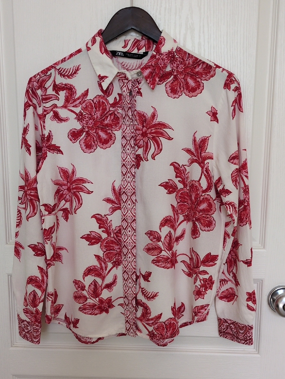 ZARA Linen Blouse with Red Floral Print
